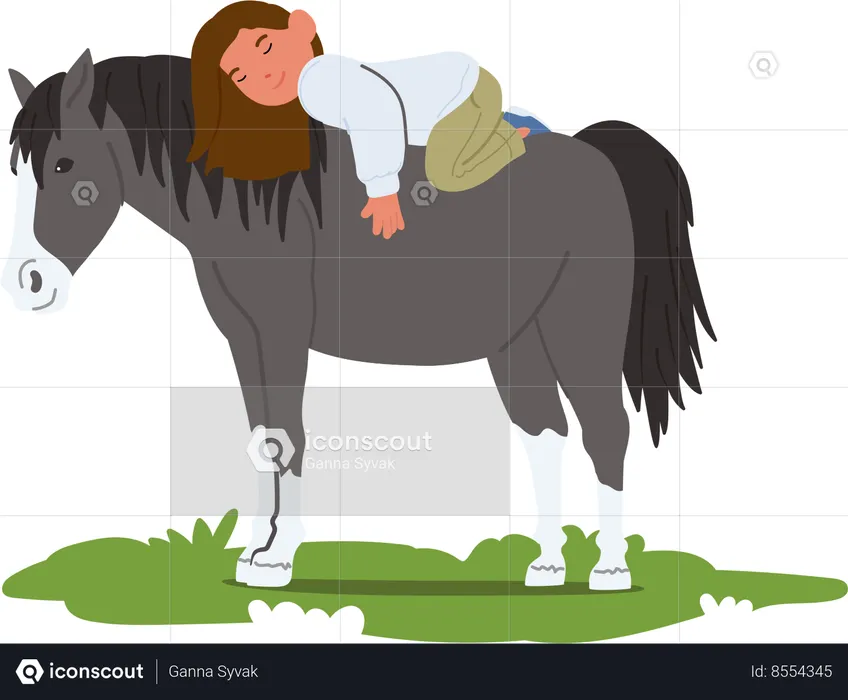 Little Girl Lies On A Horse Back In A Sun-kissed Summer Field  Illustration