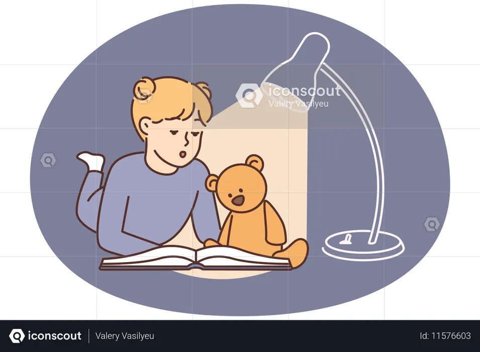 Little girl lies on floor reading book with fairy tale story along with teddy toy bear  Illustration