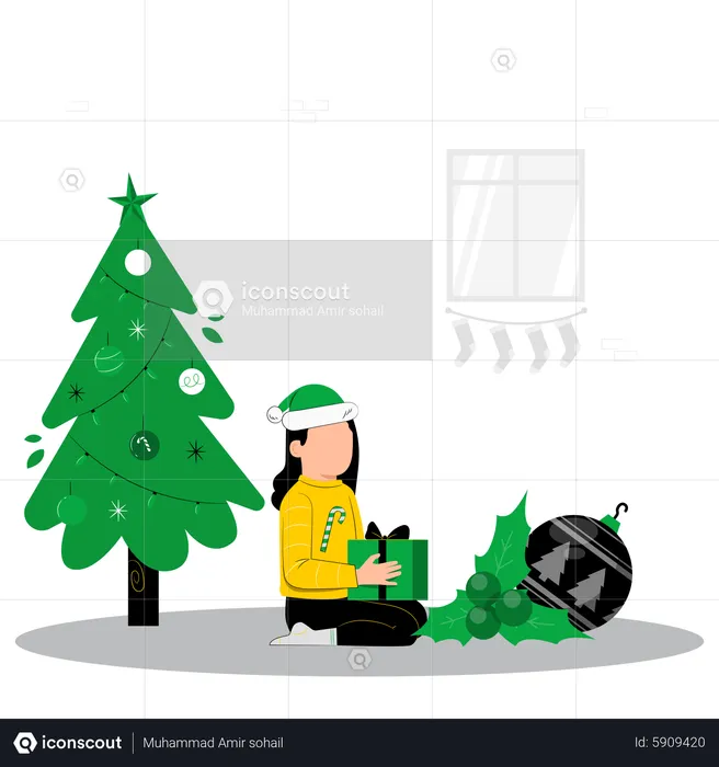 Little girl opening gift near Christmas tree  Illustration