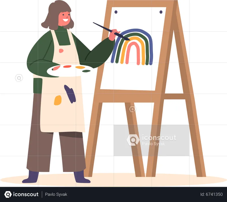 Little Girl Painting Rainbow With Paints On Easel  Illustration