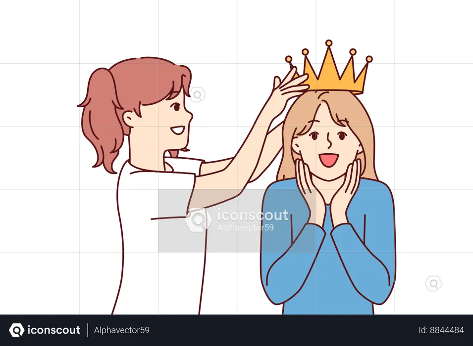 Little girl places crown on sisters head while playing princesses from ancient kingdom  Illustration