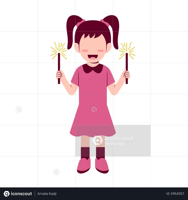 Little Girl Playing Fireworks  Illustration