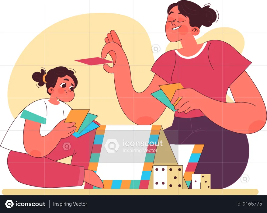 Little girl playing table games with her mother  Illustration