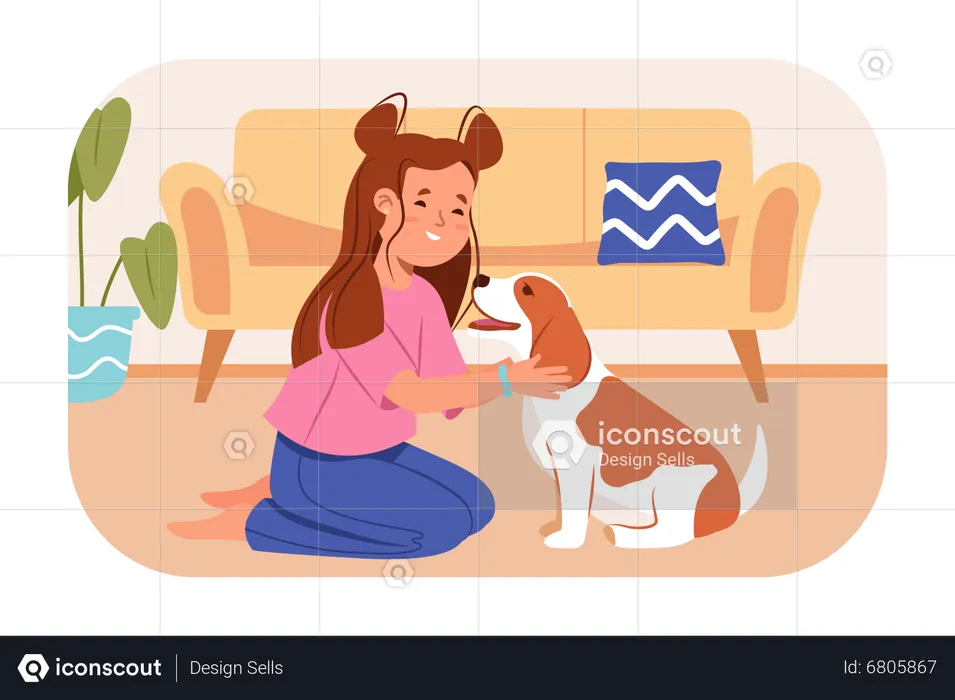 Little girl playing with dog  Illustration
