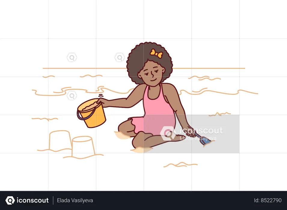 Little girl playing with sand on beach  Illustration