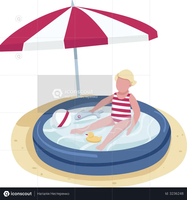 Little girl playing with toys in inflatable pool  Illustration
