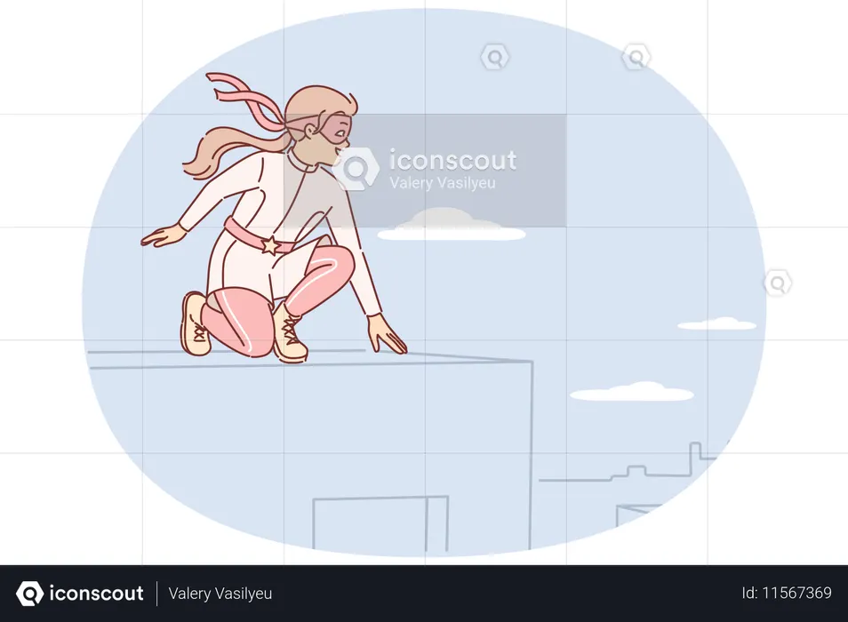 Little girl plays superhero sitting on roof and dreams of saving city residents from attackers  Illustration