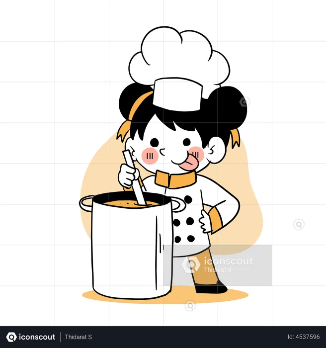 Little girl preparing meal in cooking pot  Illustration