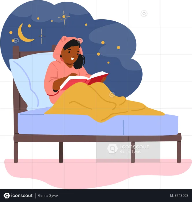 Little Girl Reading In Cozy Bed  Illustration