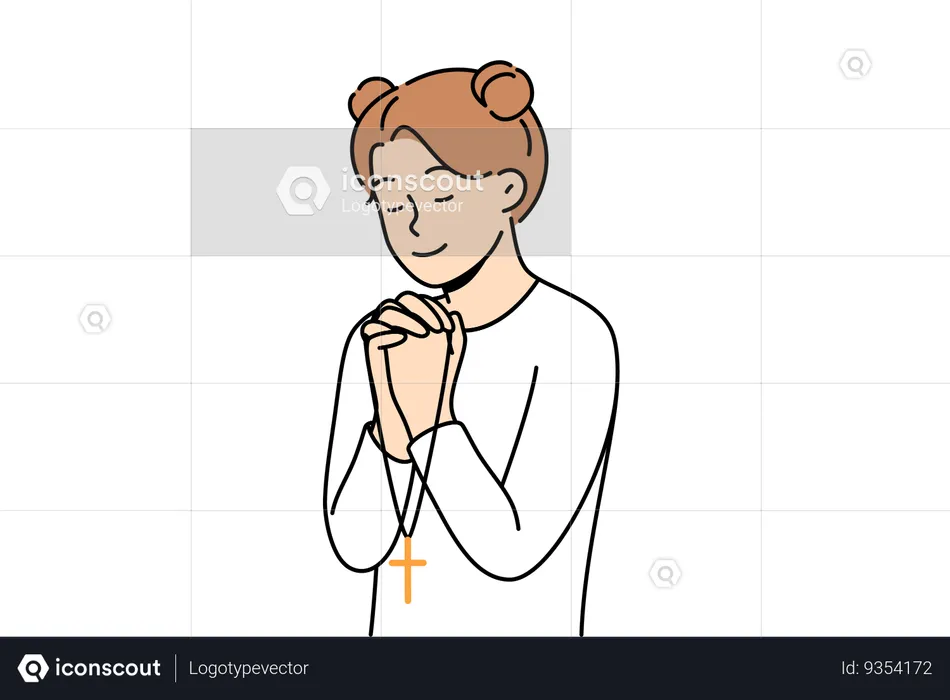 Little girl reads prayer while crossing palms near chest and holding christian cross in hands  Illustration