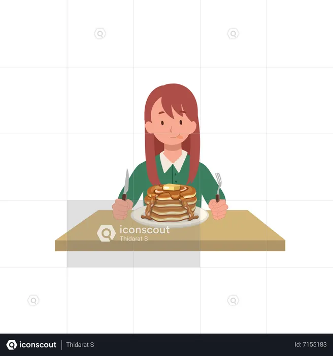 Little girl ready to having tasty pancake  Illustration