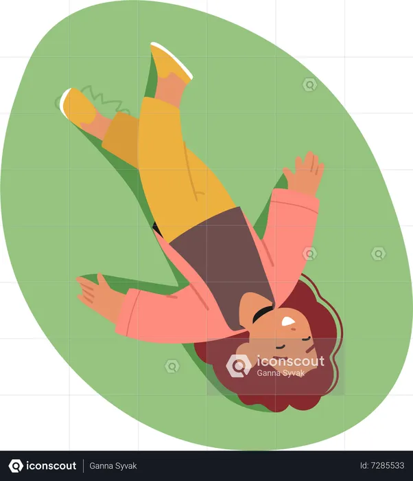 Little Girl Resting On Green Meadow  Illustration