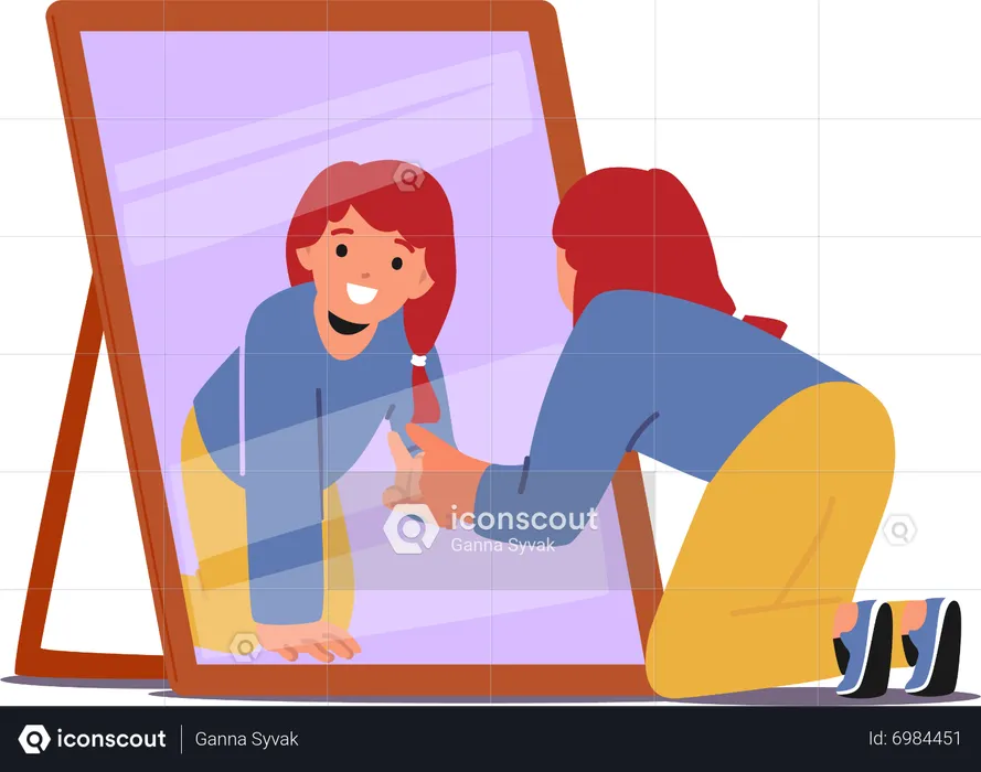 Little girl scrutinizing a mirror  Illustration