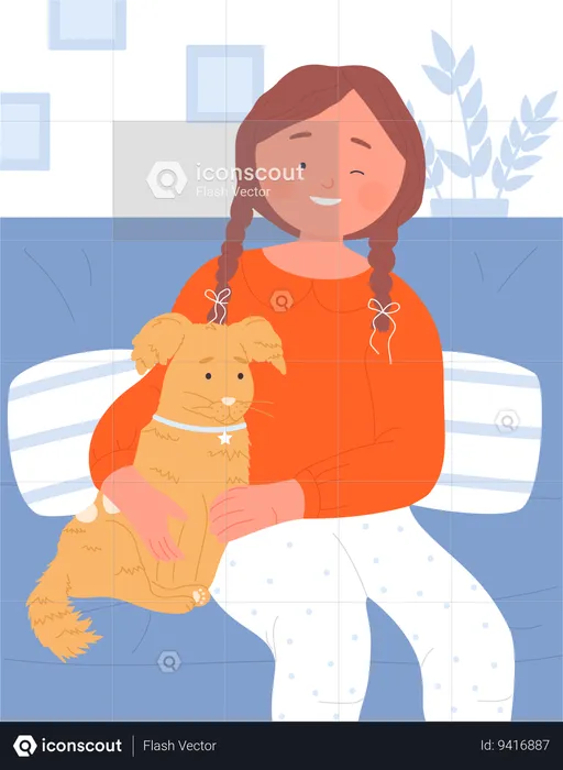 Little girl sitting on sofa with pet  Illustration