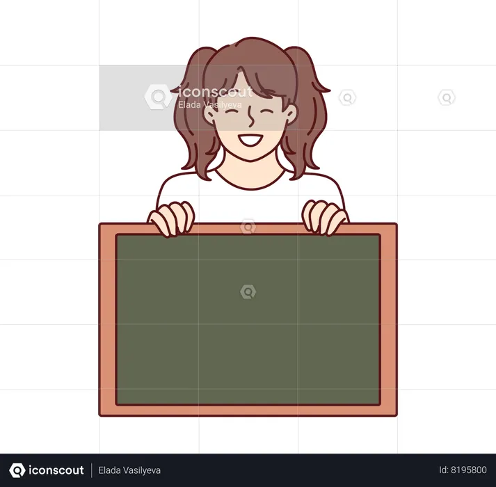 Little girl smiling showing empty chalkboard in hand  Illustration