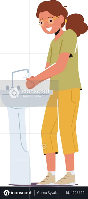 Little Girl Stand at Sink in Bathroom Washing Hands  Illustration