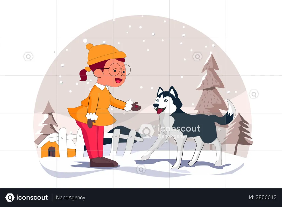 Little girl standing with dog  Illustration