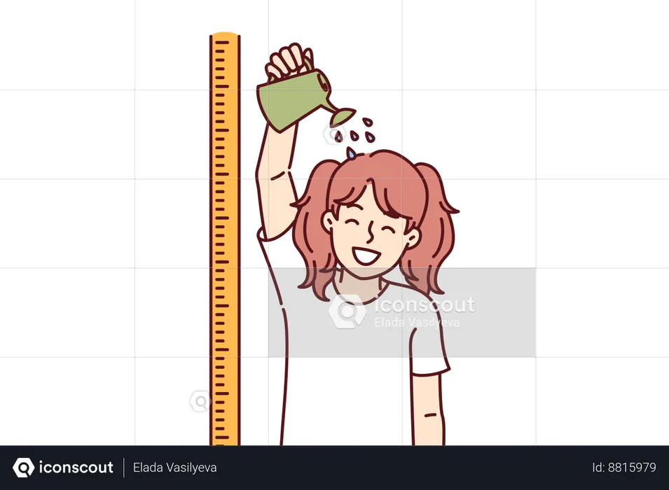 Little girl stands near ruler for measuring height and pours water  on head  Illustration
