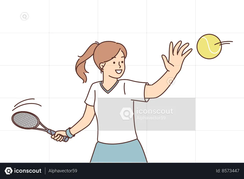 Little girl tennis player trains by hitting ball with racket  Illustration