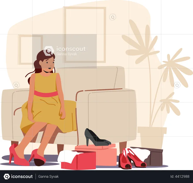 Little Girl  trying on high-heeled shoes  Illustration