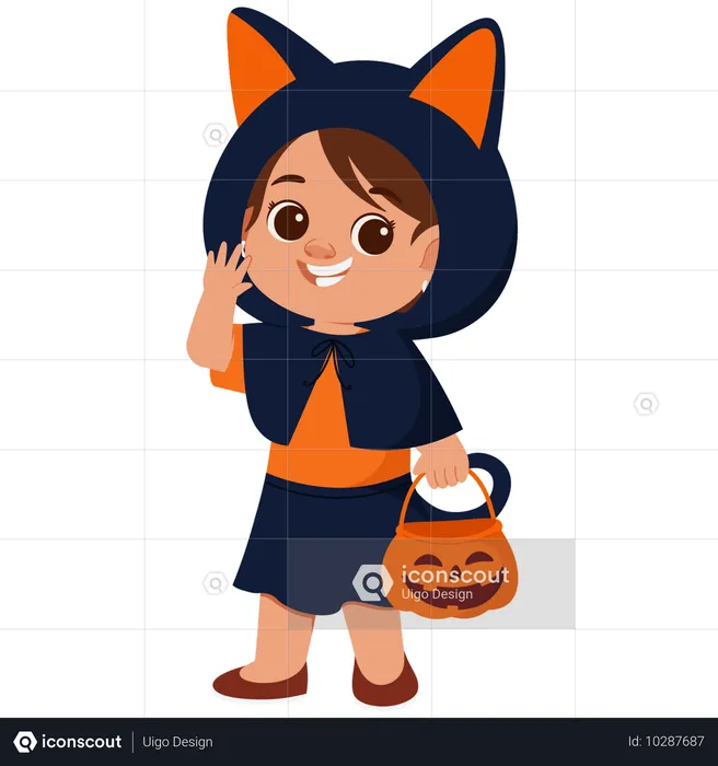 Little girl wearing Halloween cat costume  Illustration