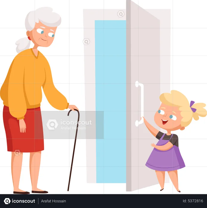 Little girl welcoming old woman  Illustration