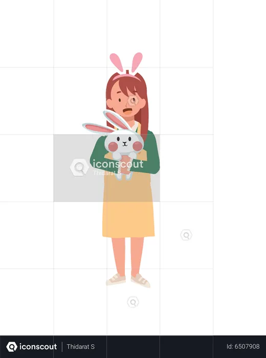 Little girl with bunny ears is holding hugging an adorable bunny  Illustration