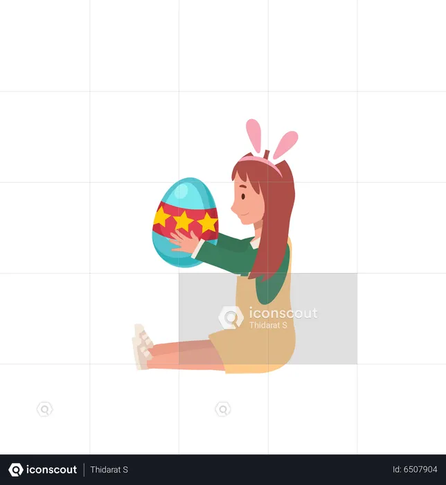 Little girl with bunny ears is sitting and holding a big easter egg  Illustration