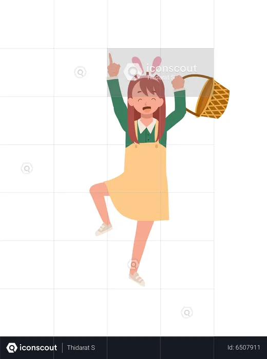 Little girl with bunny with and blank basket is ready to hunt easter egg  Illustration