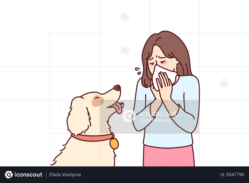 Little girl with dog suffers from allergies  Illustration