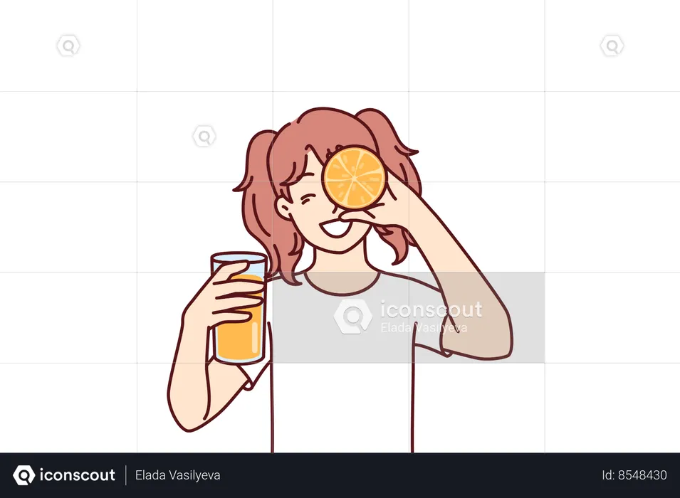 Little girl with glass of orange juice in hands smiling holding half of citrus fruit near face  Illustration