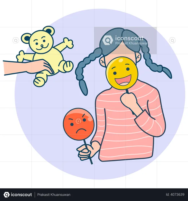 Little girl with happy and angry face mask  Illustration