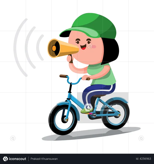 Little girl with megaphone on bicycle  Illustration