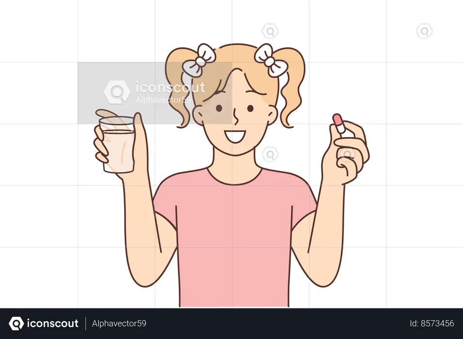 Little girl with pill and glass of water smiles  Illustration