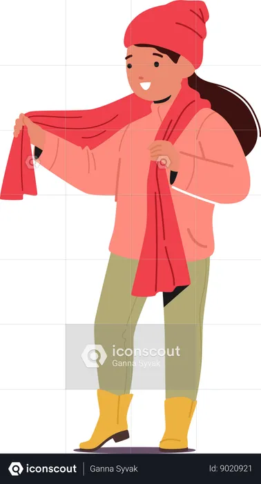 Little Girl Wraps Herself In Knitted Scarf  Illustration