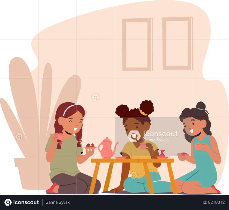 Little Girls Gather For Charming Tea Party  Illustration
