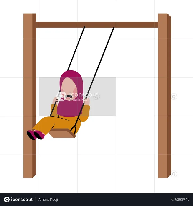 Little Hijab Girl Playing Swing  Illustration