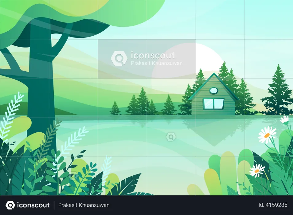 Little house in forest or garden with summer landscape of wooden village  Illustration