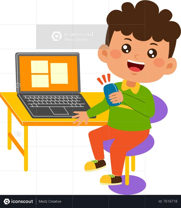 Best Little kid boy use laptop Illustration download in PNG & Vector format