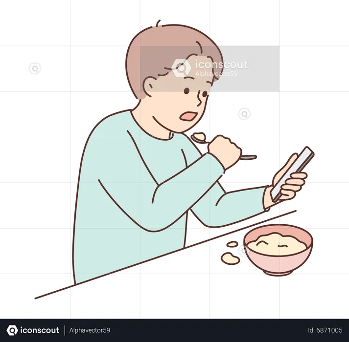 Little kid eating food using mobile  Illustration