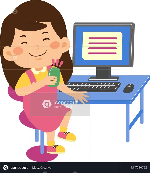 Little kid girl use computer  Illustration