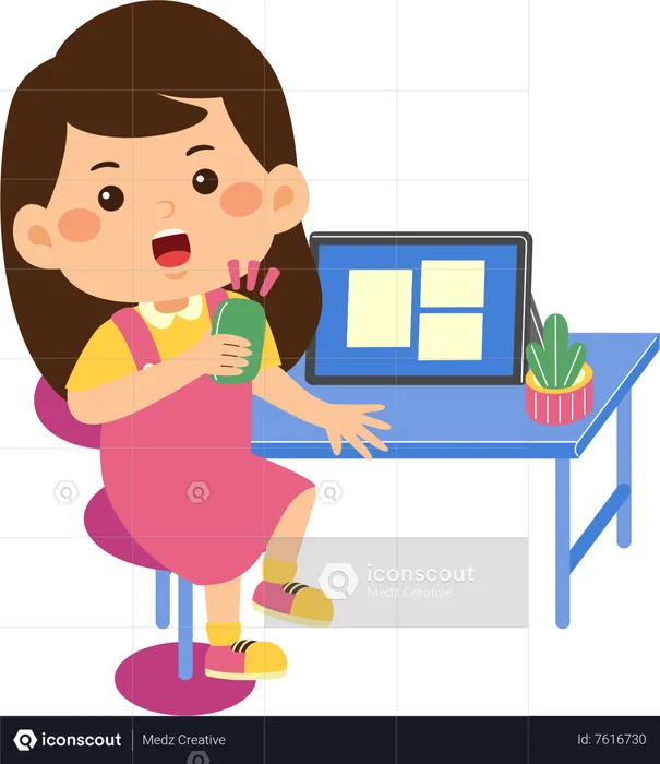 Little kid girl use graphic tablet  Illustration