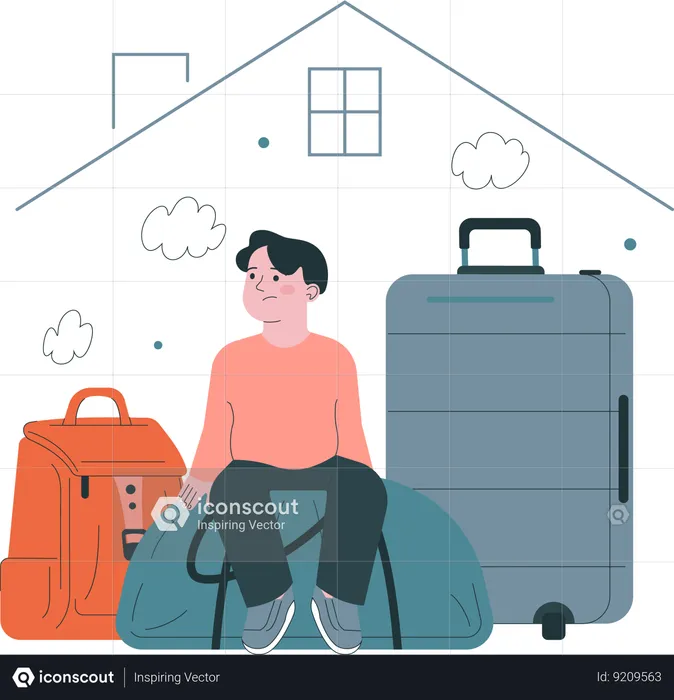 . Little kid refugee with  suitcases and bags abandone home  Illustration