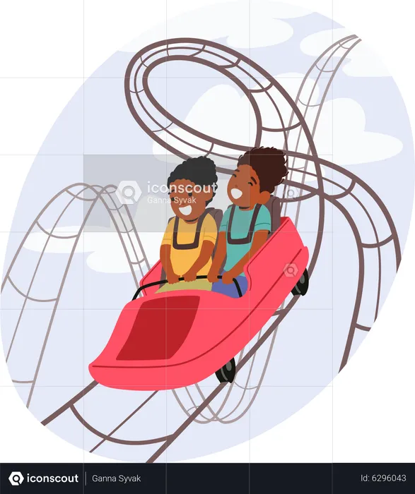 Little Kids Characters Riding Roller Coaster in Amusement Park  Illustration