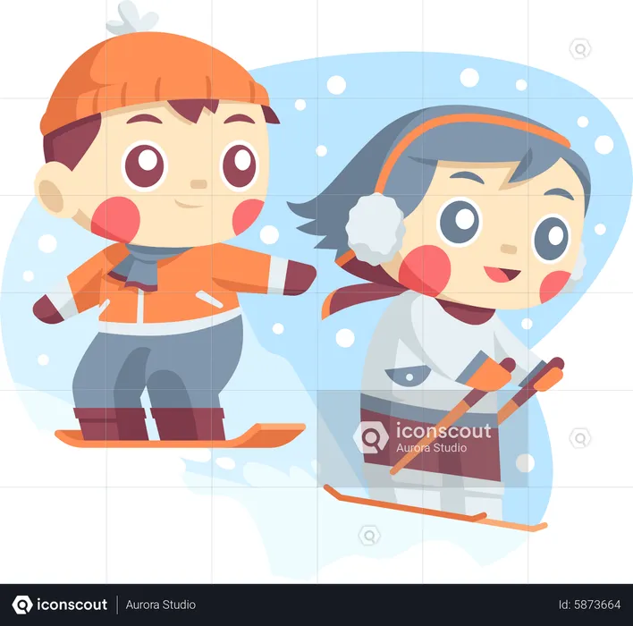 Little kids enjoying Skiing in Winter  Illustration