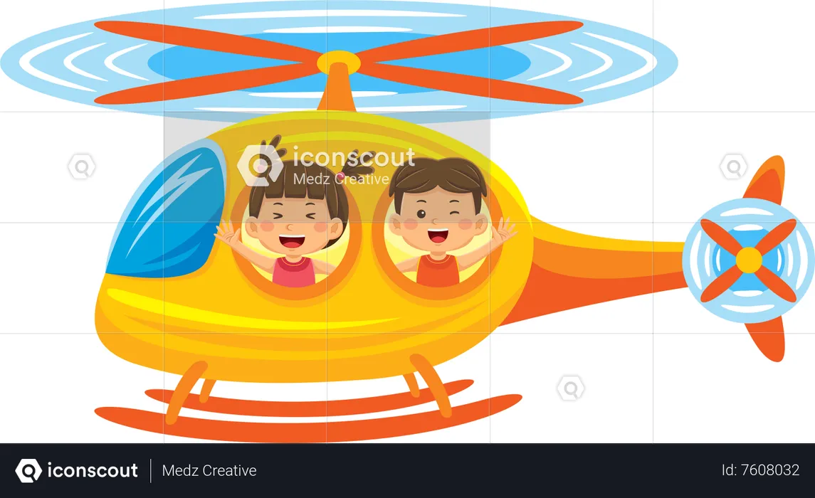 Little Kids Having Fun On A Helicopter  Illustration