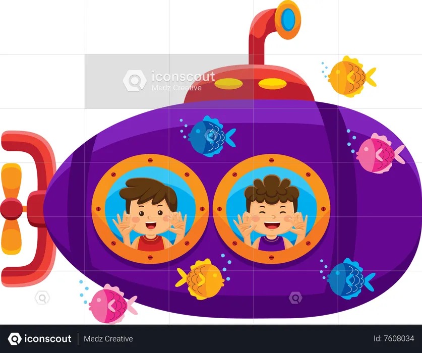 Little Kids Having Fun On A Submarine  Illustration