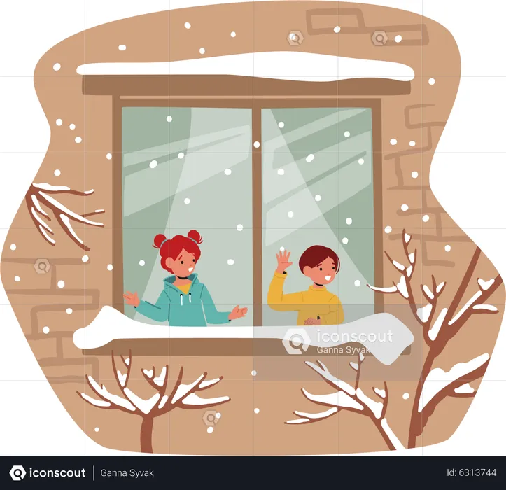 Little Kids Looking on First Snow through Home Window  Illustration