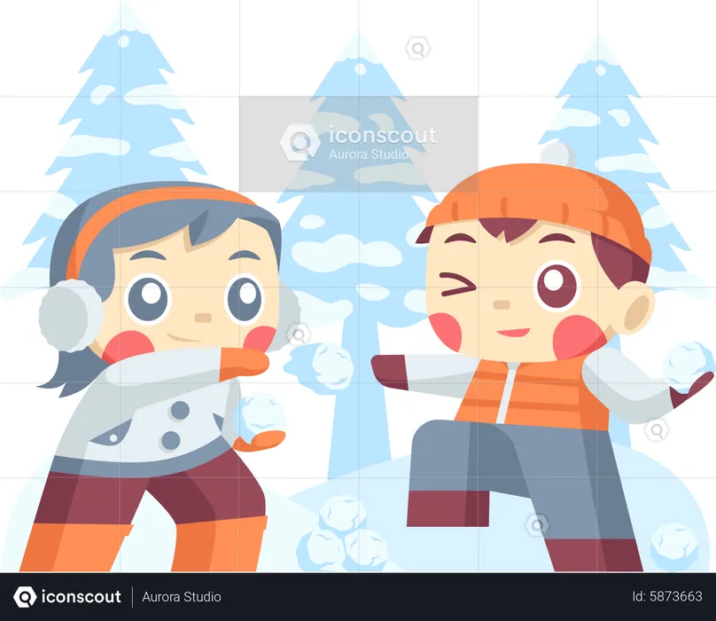 Little Kids Playing Snowball in Winter  Illustration
