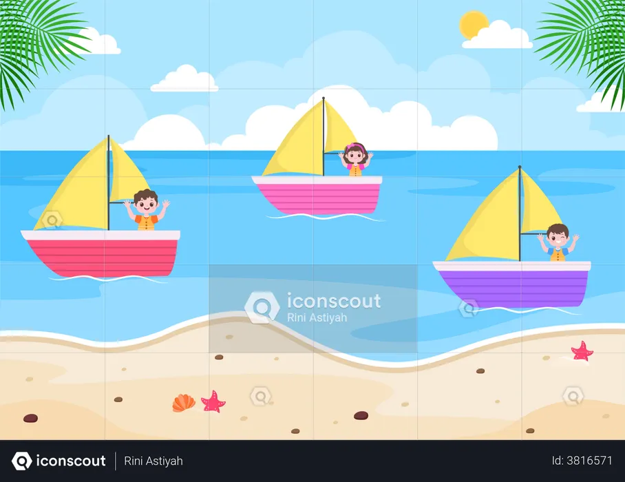 Little kids sailing in boat  Illustration